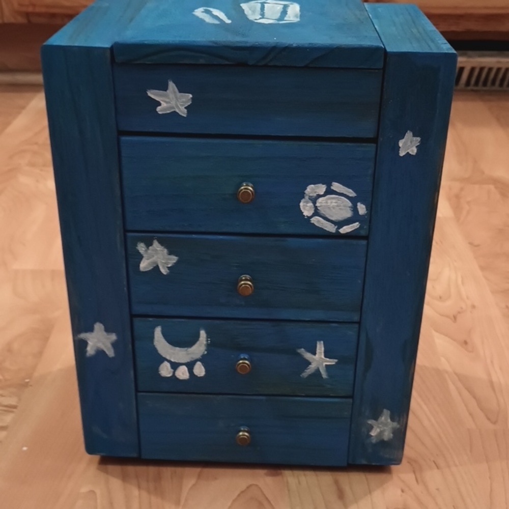 Hand Crafted Deep Blue Jewelry Organizer with White Celestial Motifs